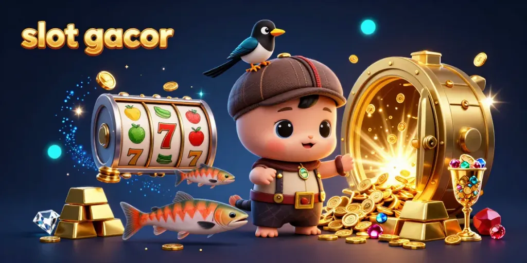 Experience the thrill of slot gacor with playful characters and vibrant casino elements in this energetic scene.