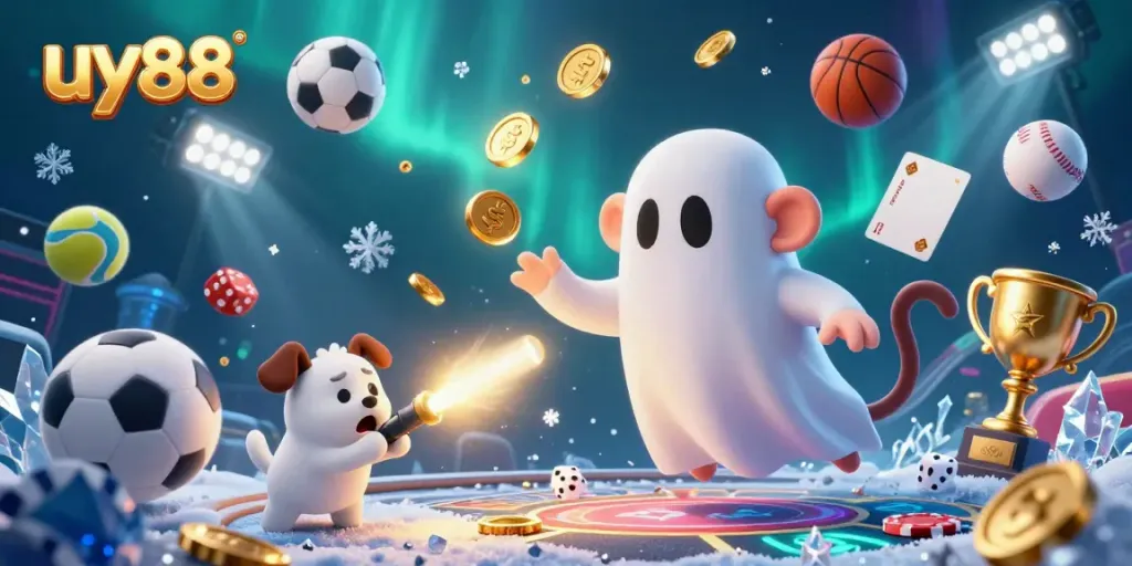 Experience thrilling games with uy88 as a ghostly monkey juggles golden casino treasures.