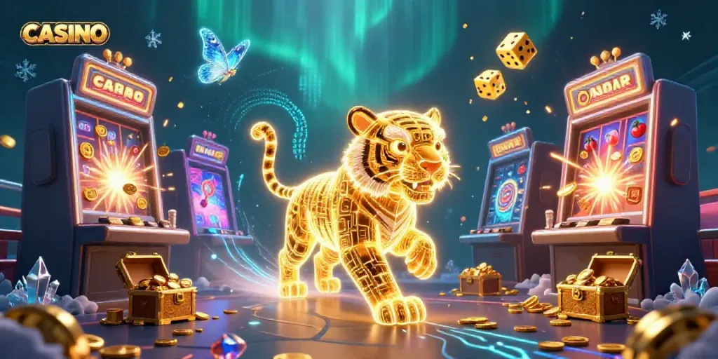 Experience the vibrant casino excitement with a glowing tiger and a dynamic jackpot explosion.