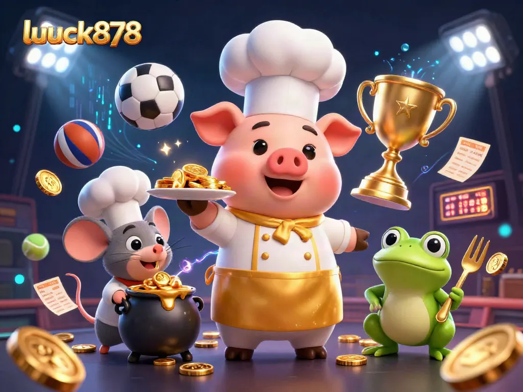 Engage in exciting loot at luck878's casino, featuring whimsical chef pig and sports-themed elements.