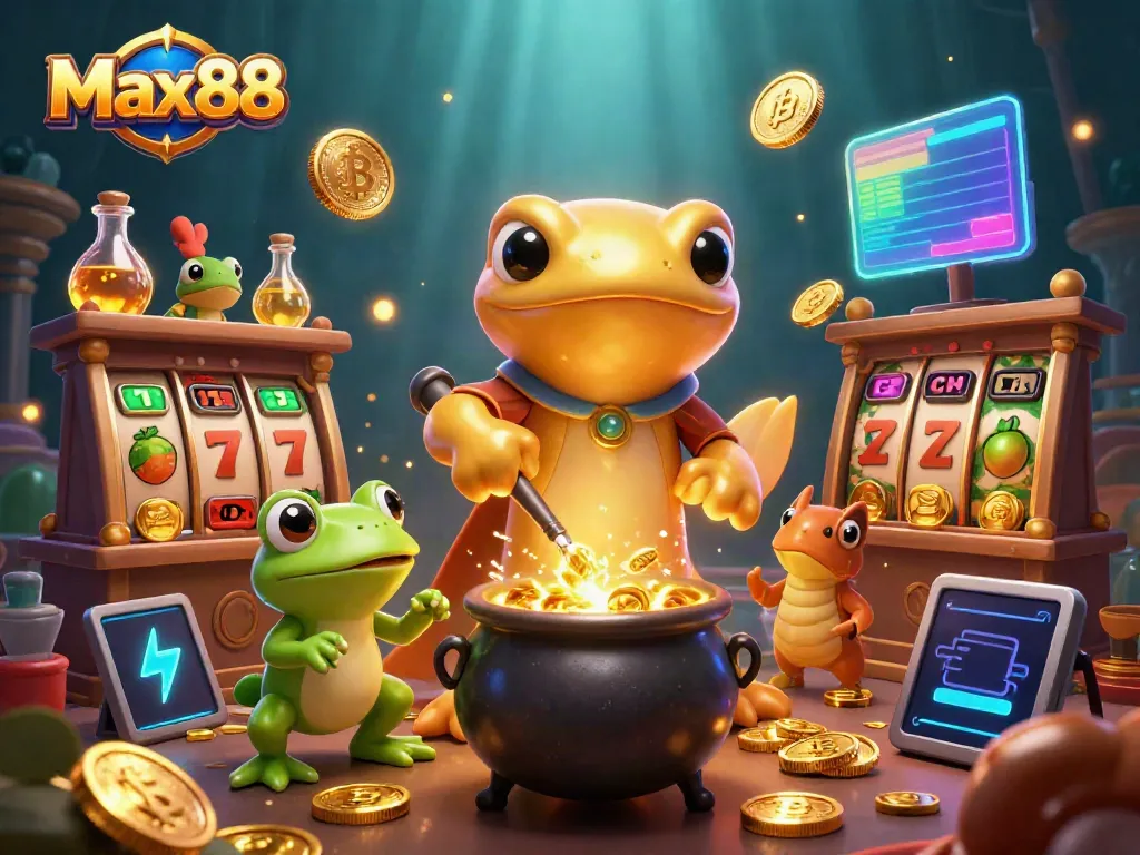 Max88 transforms base metals into gold in a vibrant casino scene with dynamic gaming elements.