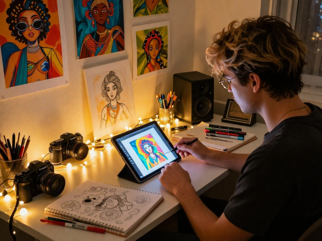 Creative workspace featuring an artist using nsfw ai tools on a digital tablet with vibrant designs.