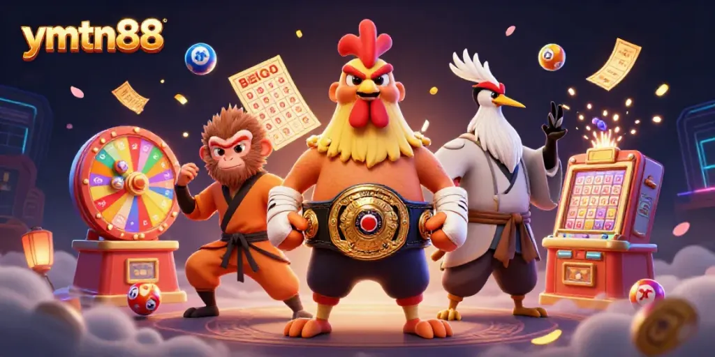 Experience fun gaming action with ymtn88 while colorful balls and golden tickets surround energetic characters.