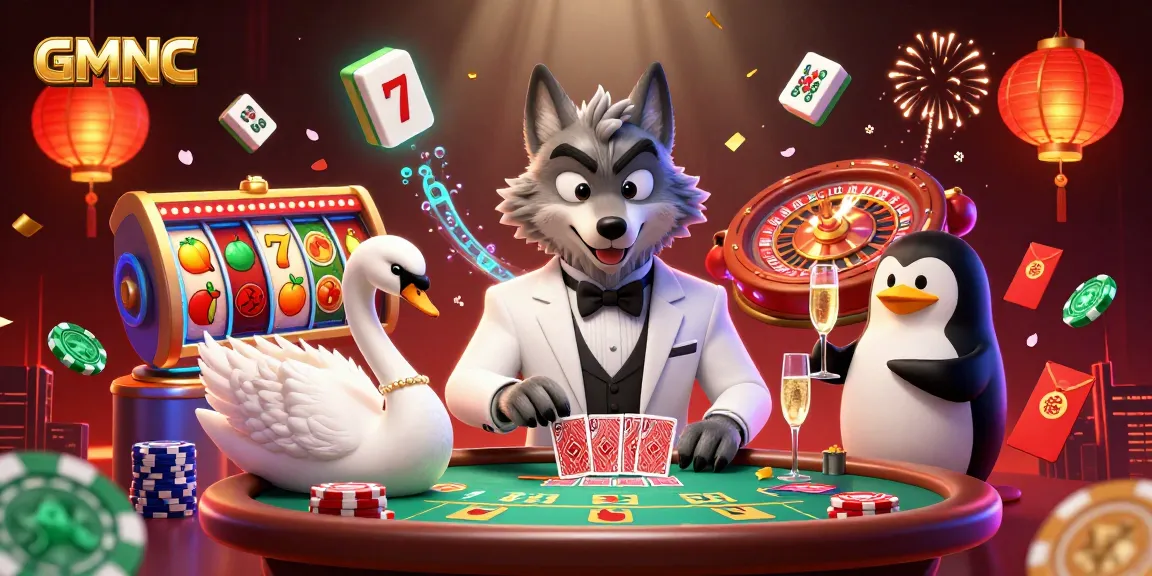 Experience GMNC's thrilling casino atmosphere with vibrant characters at the baccarat table, surrounded by dynamic game elements.