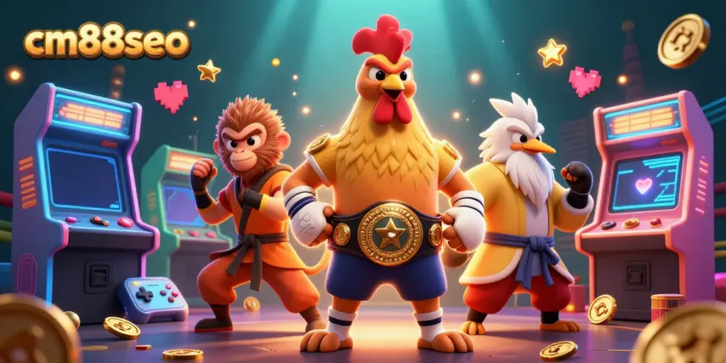 Exciting depiction of cm88seo's vibrant 3D casino atmosphere, featuring innovative gaming characters