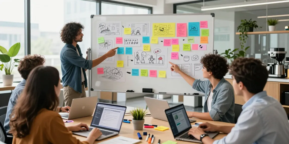 Collaborative team using a mix board in a modern workspace to brainstorm creative ideas.