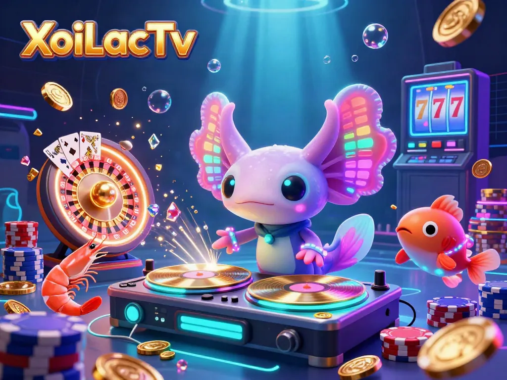 XoiLacTv illustrates a vibrant underwater casino scene with an axolotl DJ and dynamic gaming elements.