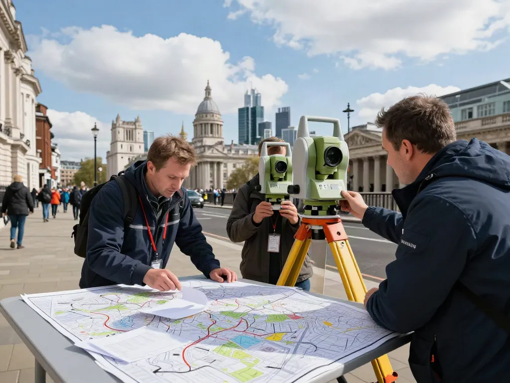 Land Surveyors London team performing topographical survey in urban setting with equipment and maps.