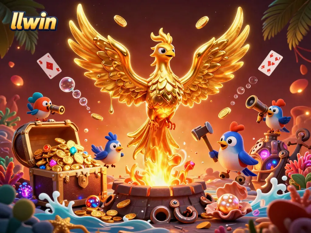 llwin players winning with 3D golden phoenix amidst treasures and gaming elements