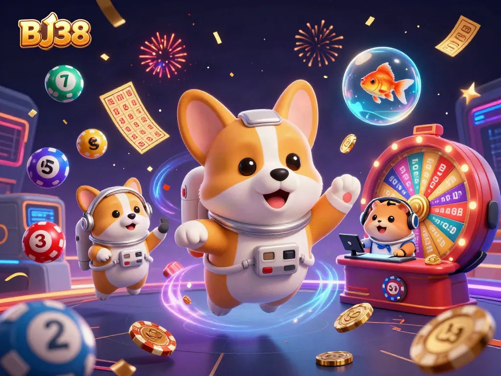 Experience the excitement of BJ38 casino with colorful floating elements and engaging characters in a dynamic fantasy scene.