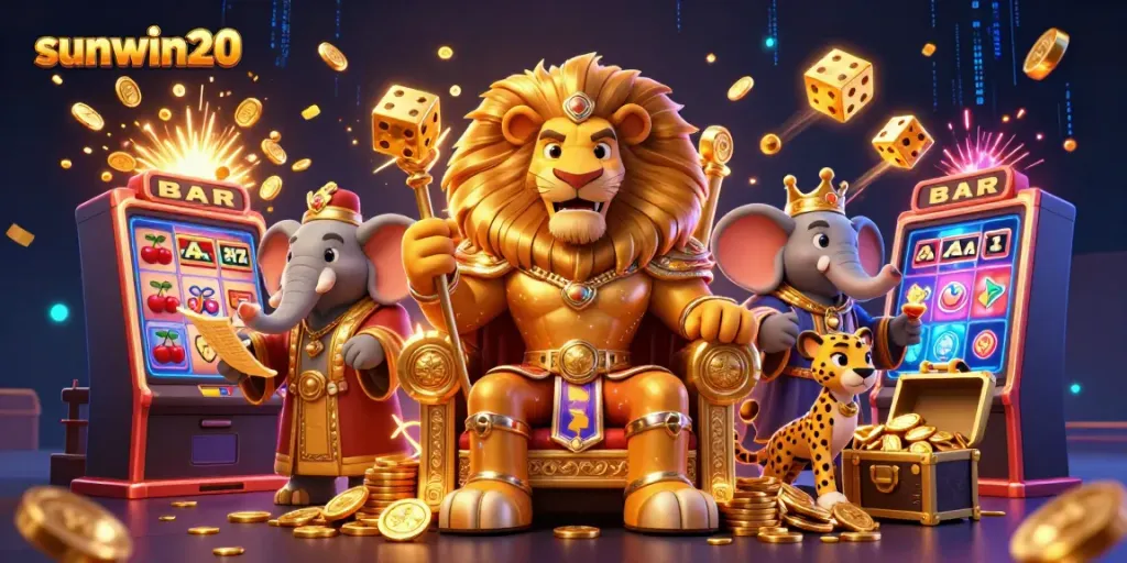 Engage with thrilling jackpots at sunwin20 featuring a lion king on a treasure throne, amidst vibrant casino art.