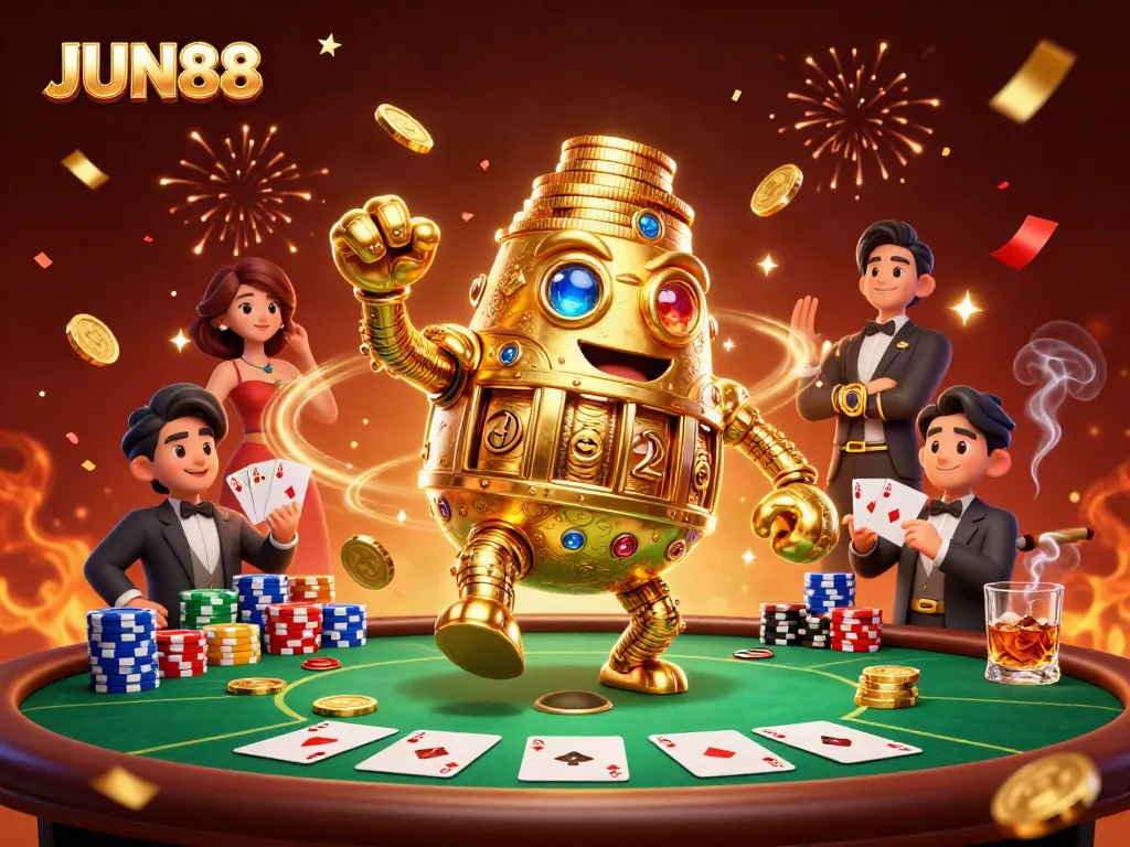 Experience thrilling games with JUN88, featuring a dynamic gold golem amidst a vibrant gambling scene.