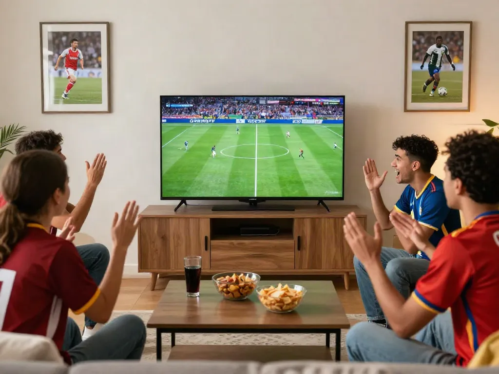 Friends enjoying a live football match on Gavangtv in a cozy living room.