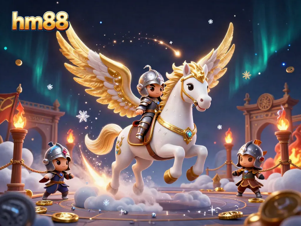Engage with hm88's thrilling gameplay as a knight rides a celestial horse amidst casino elements.
