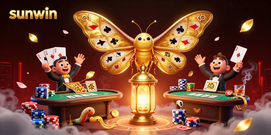 sunwin showcases a vibrant scene with an atlas moth on a lantern surrounded by dynamic poker elements.