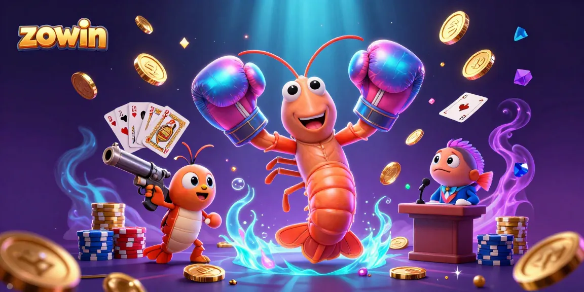 Zowin casino scene featuring vibrant characters, rolling slot machine reels, and cascading coins during a thrilling game.