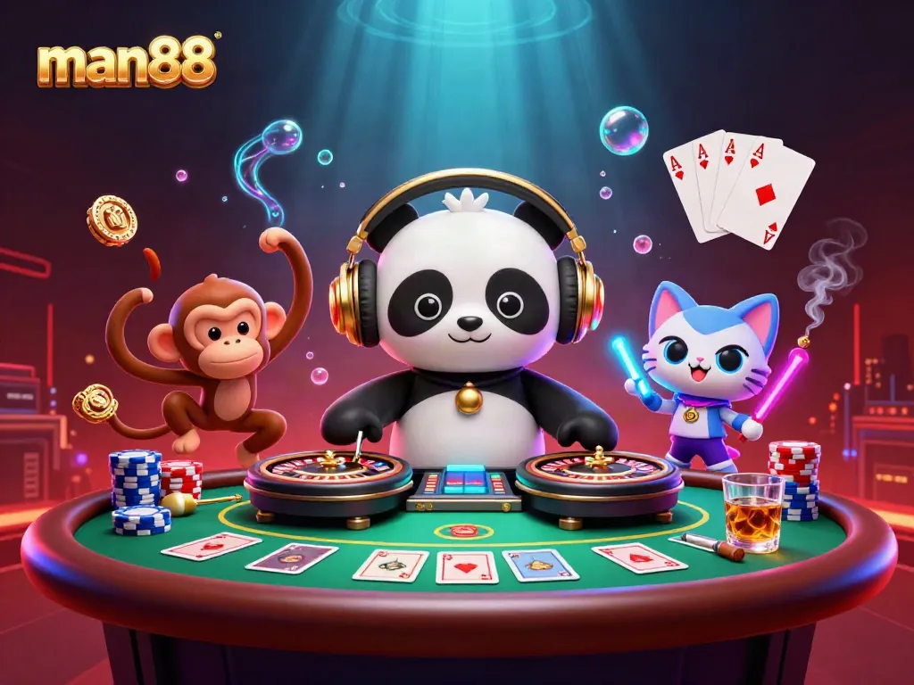 Experience the excitement of man88 with a lively casino scene featuring characters dancing and gaming.
