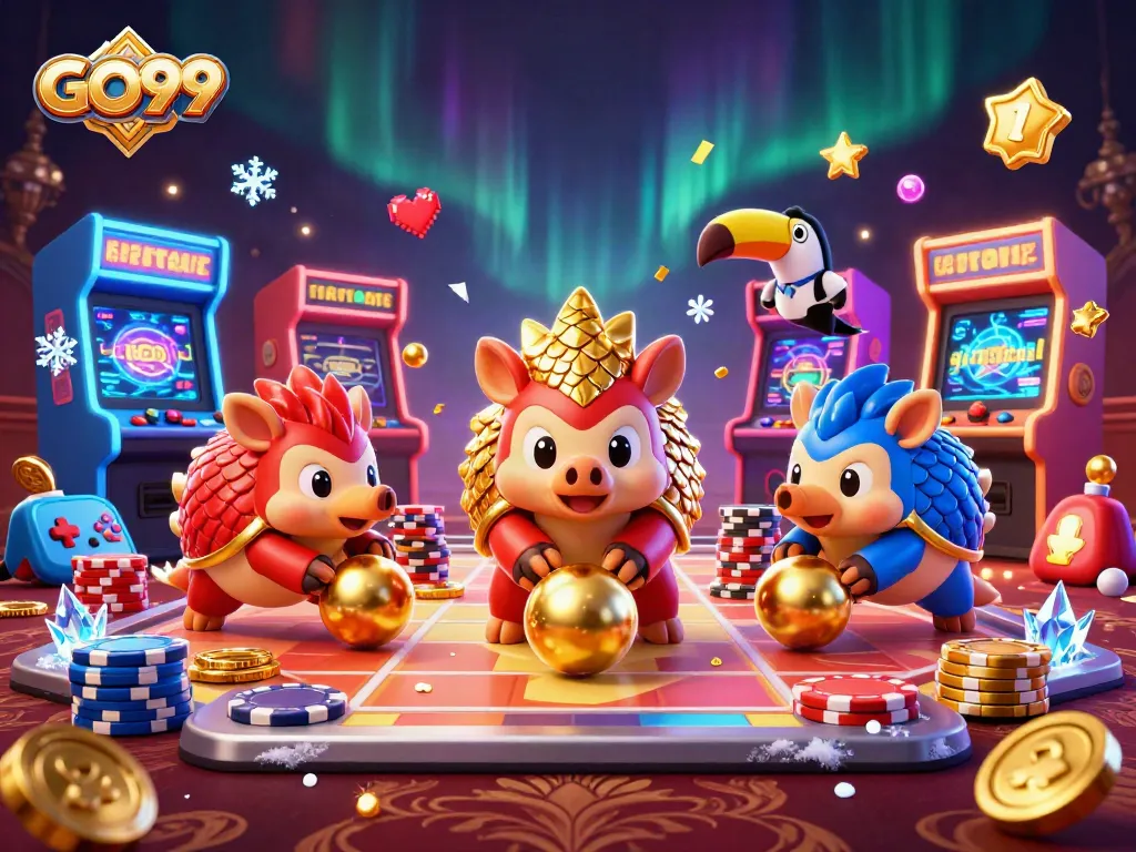 Experience GO99 with rival pangolins battling in a vibrant casino-themed game of skill.