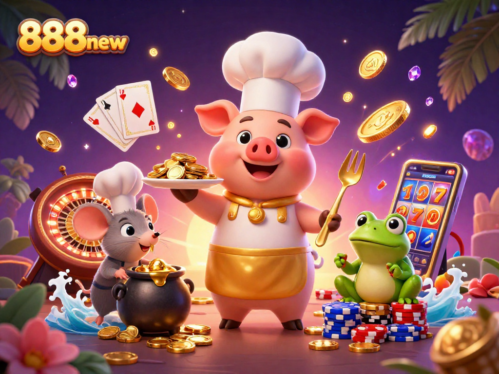 Win big at 888new with a pig chef serving gold coins amid casino gems and excitement.