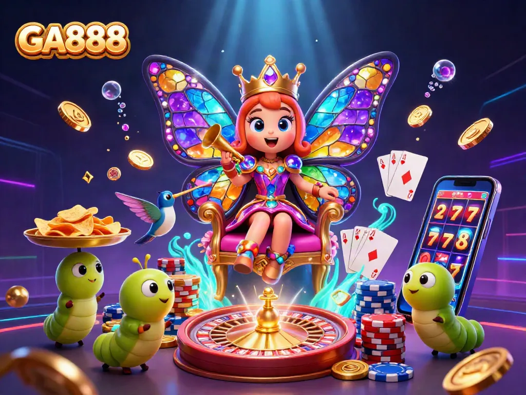 Bet on GA888 as the vibrant butterfly queen leads with dazzling casino elements and sparkling treasures.