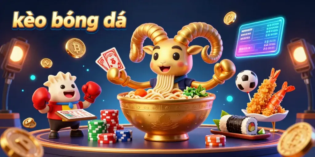 Kèo bóng đá betting scene featuring a giant ramen bowl, sushi dealer, and gyoza assistant dealing cards.