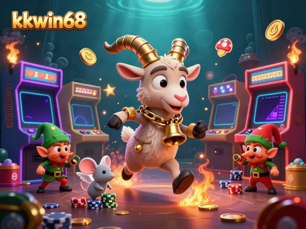 Experience thrilling games at kkwin68's casino, featuring Krampus, gremlins, and glowing arcade elements.