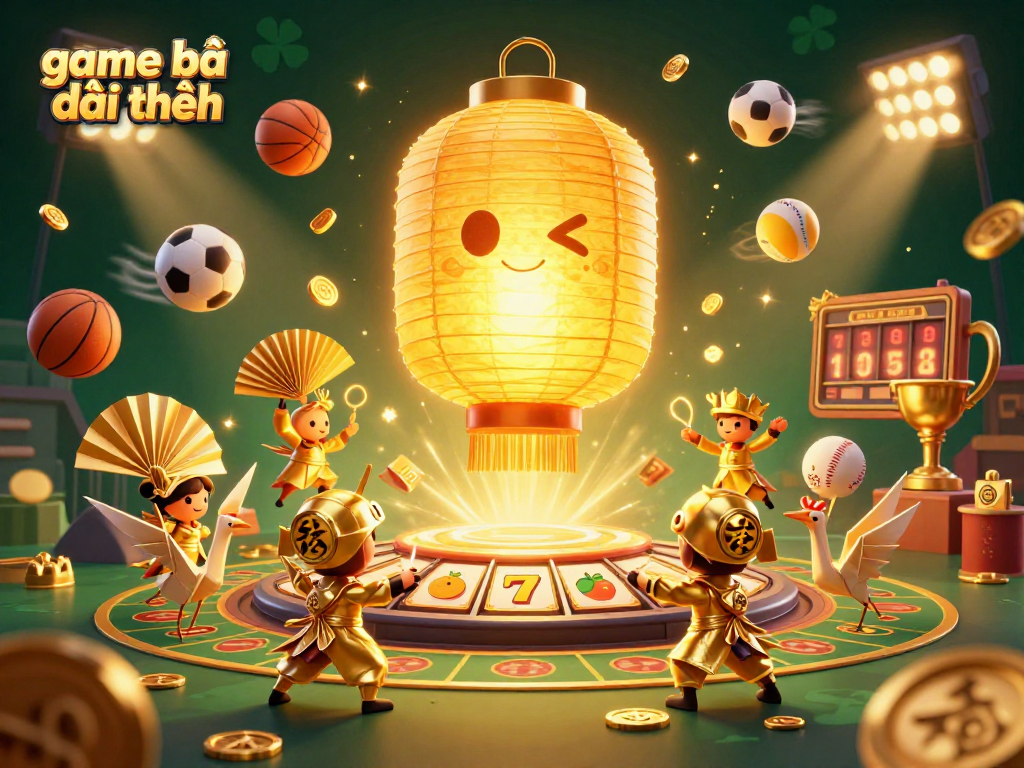 Experience the excitement of game bài đổi thưởng with a vibrant 3D illustration featuring golden lantern spirits and dynamic sports elements.
