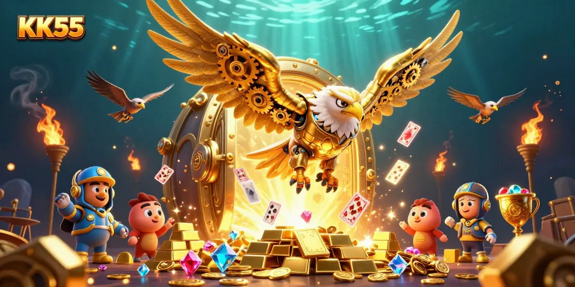 Watch the KK55 golden eagle soar through vibrant holographic cards in this casino scene.
