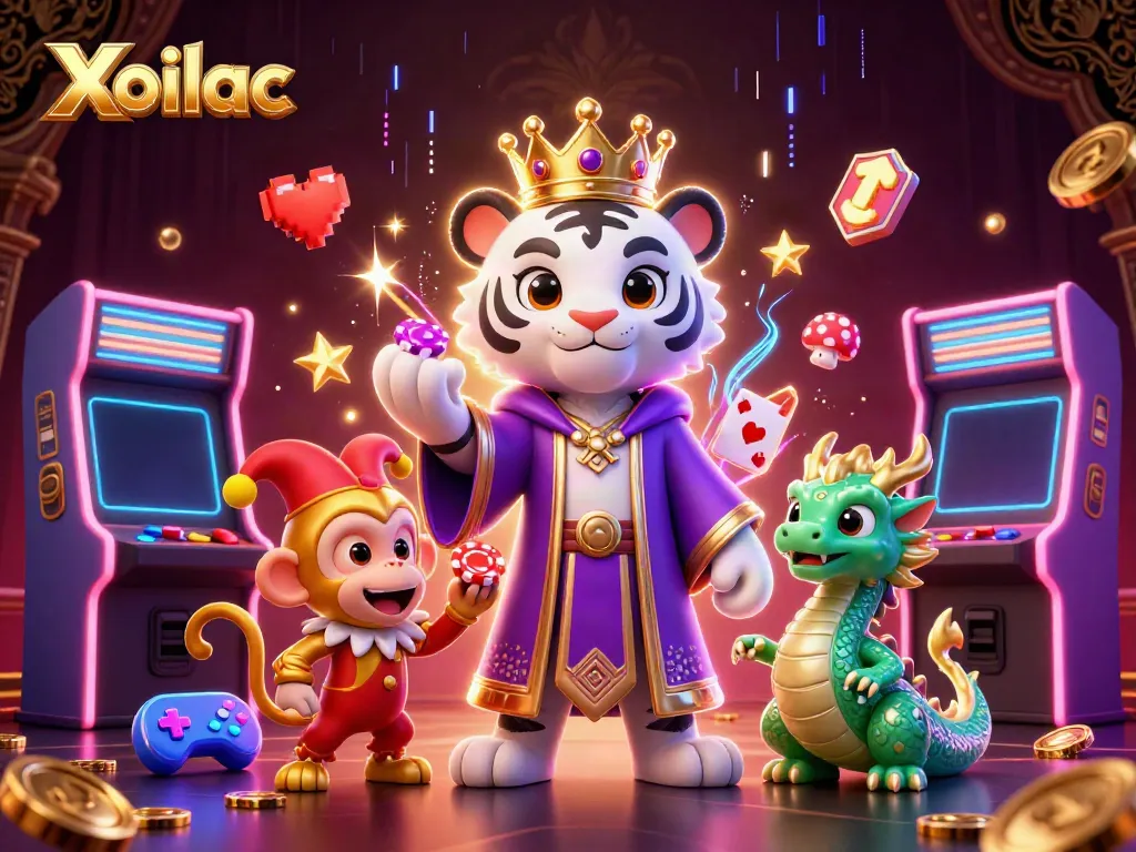 Xoilac showcases a vibrant casino scene with a white tiger, monkey, and dragon enriching the gaming experience.