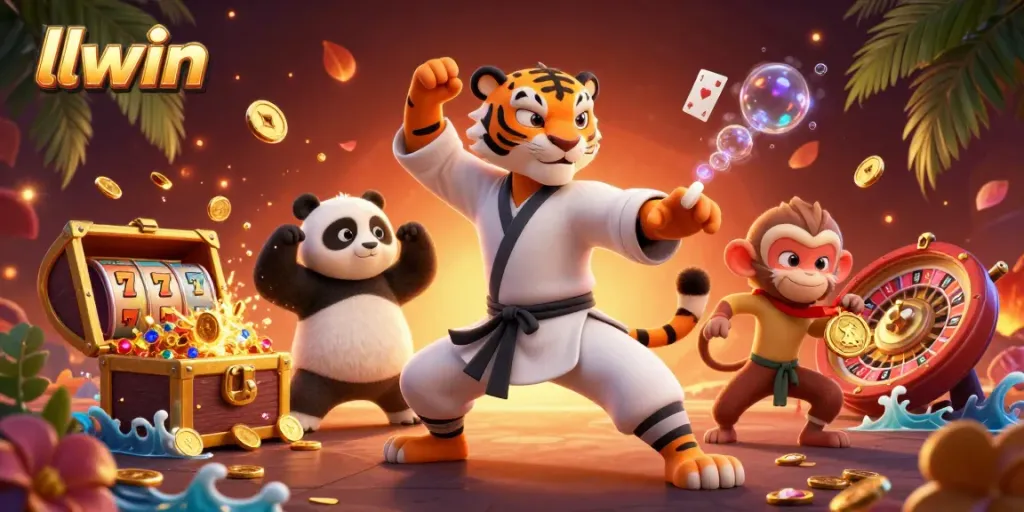Experience thrilling slots at llwin with the kung fu master amidst gold coins and vibrant casino elements.