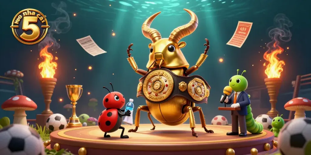 Bet on keo nha cai 5 in sports betting as a giant golden stag beetle competes with a tiny ladybug and caterpillar announcer.