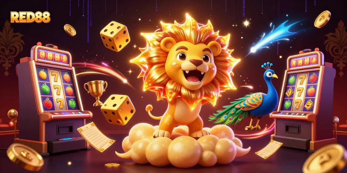 Experience the excitement of RED88 with a vibrant 3D casino scene filled with dynamic elements.