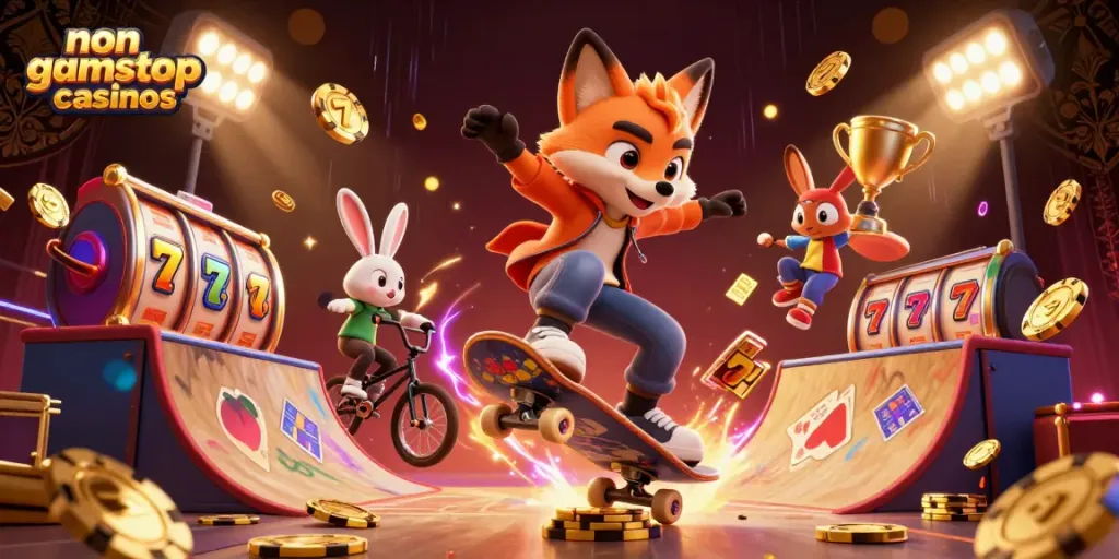 Experience non gamstop casinos through this vibrant 3D illustration of characters enjoying dynamic gaming.