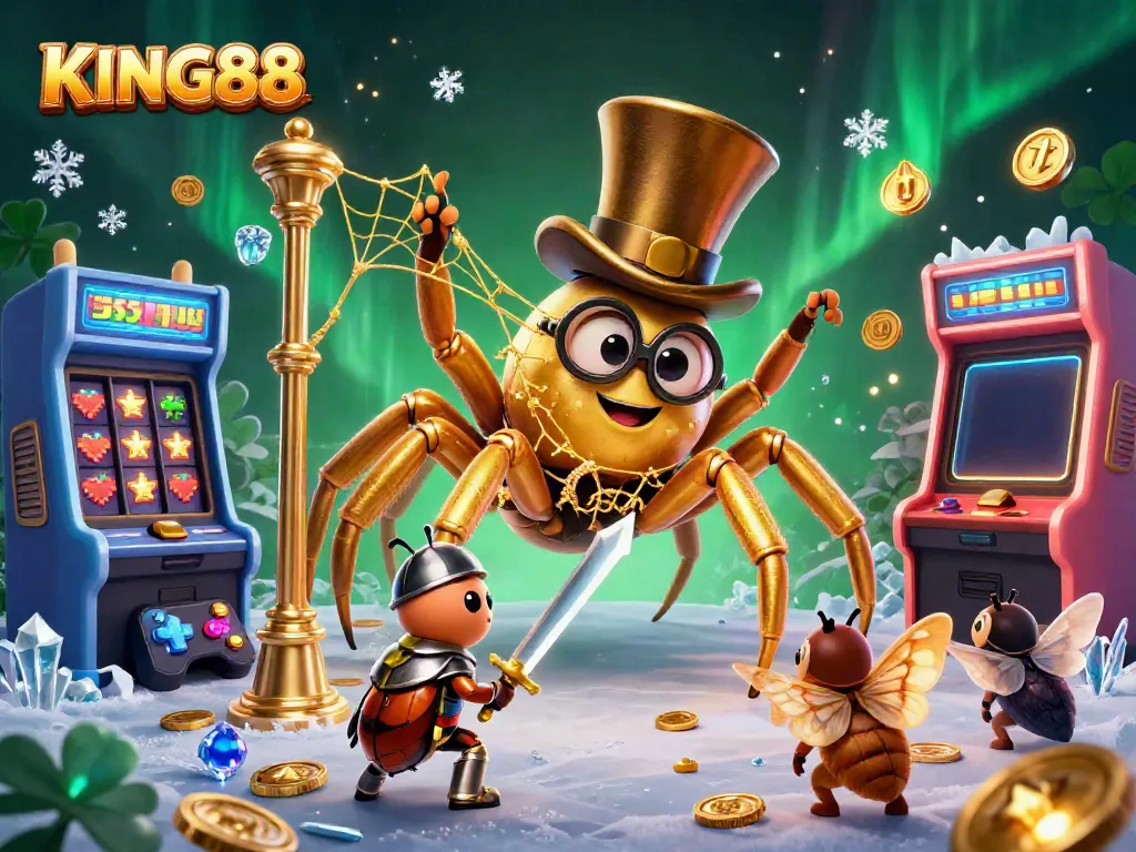 Experience the thrill of KING88 as colorful characters engage in a dynamic casino scene featuring arcade elements.
