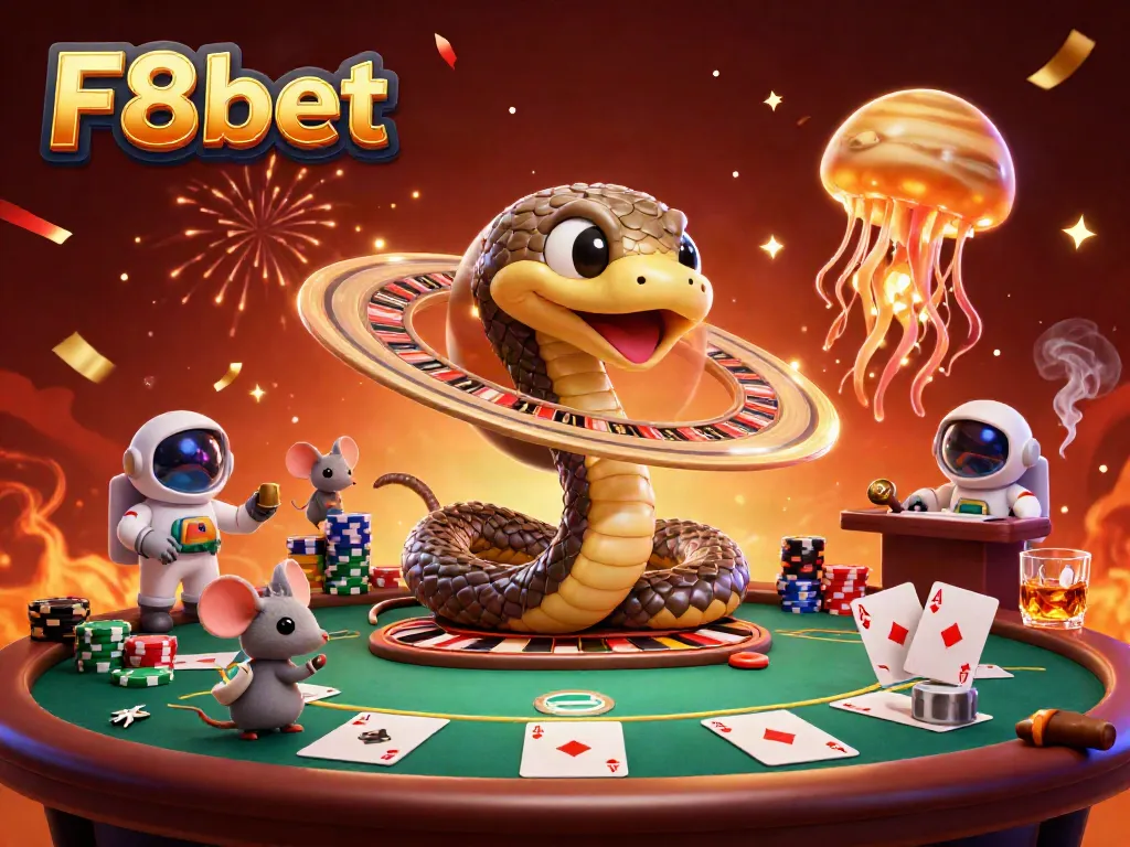 Bet on cosmic roulette with F8bet's playful astronaut mice in vibrant casino elements.