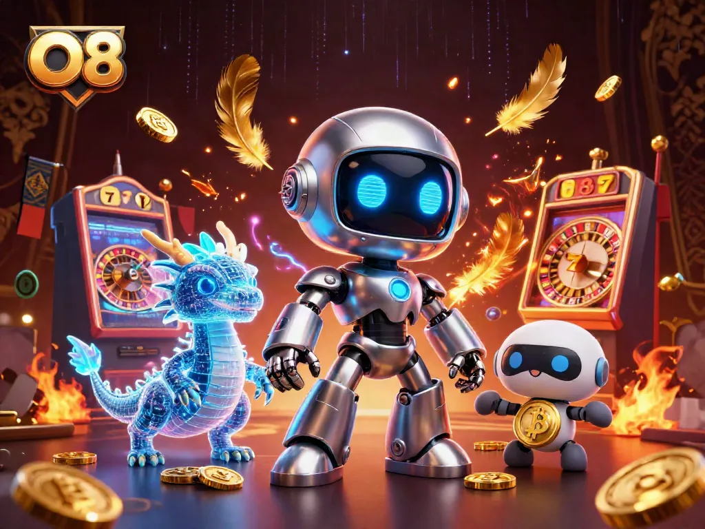 Spin the slots at O8 with vibrant characters and lively casino elements in a visually rich scene.