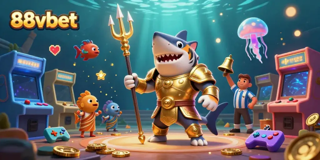 Engage at 88vbet with an exciting underwater casino battle featuring a shark and vibrant games.
