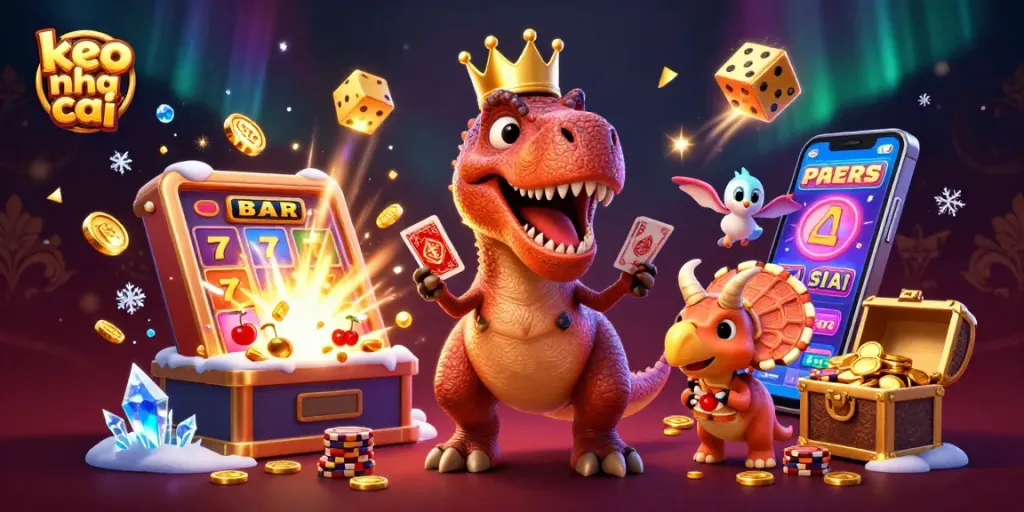 Play keo nha cai while a T-Rex shuffles cards, a pterodactyl assists, and a triceratops stacks chips.