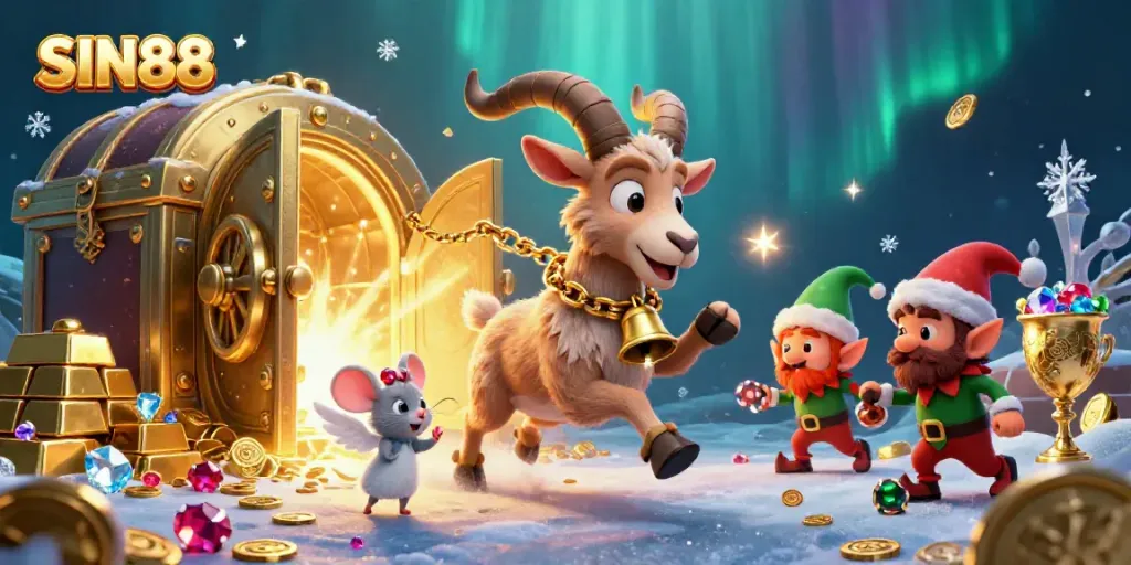 Engage and win at SIN88 with a festive holiday casino scene featuring Krampus and mischievous elves.