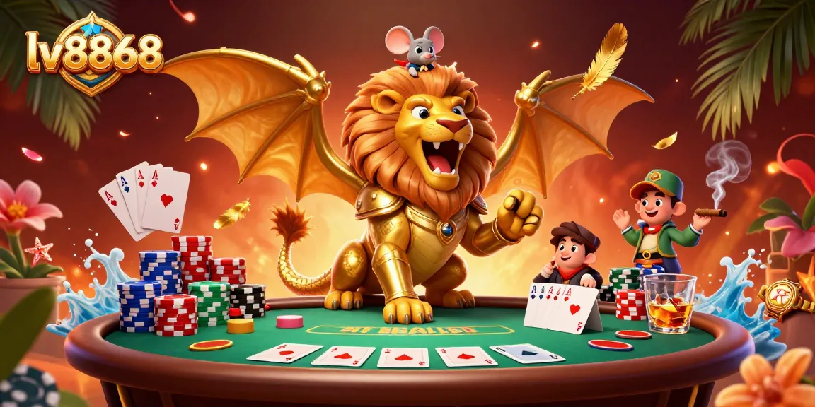Experience thrilling poker action with lv8868's vibrant 3D casino scene featuring a golden chimera and dynamic game elements.