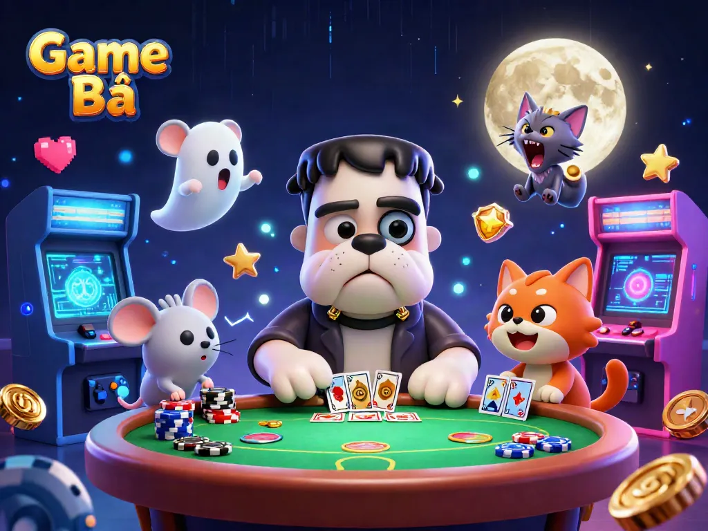 Experience Game Bài action with a cartoon bulldog dealing cards in a spooky casino.