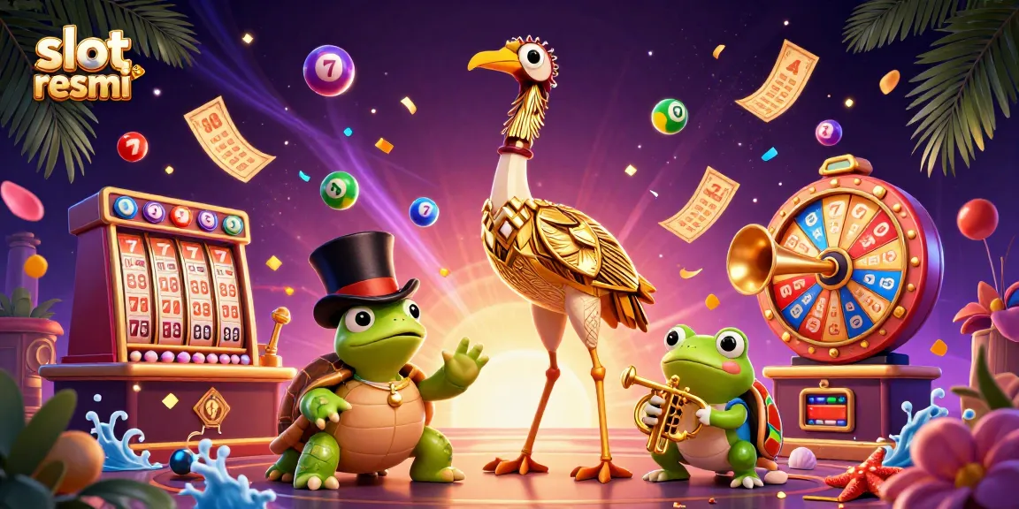 Experience fun at slot resmi with a vibrant casino scene featuring lucky symbols, dynamic games, and festive characters.