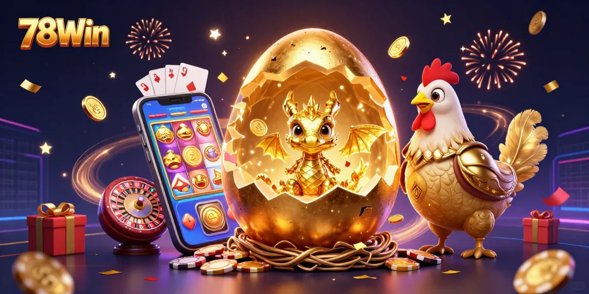 Experience the thrill of winning with 78Win in a vibrant, enchanting casino world showcasing a golden dragon and dynamic gaming elements.