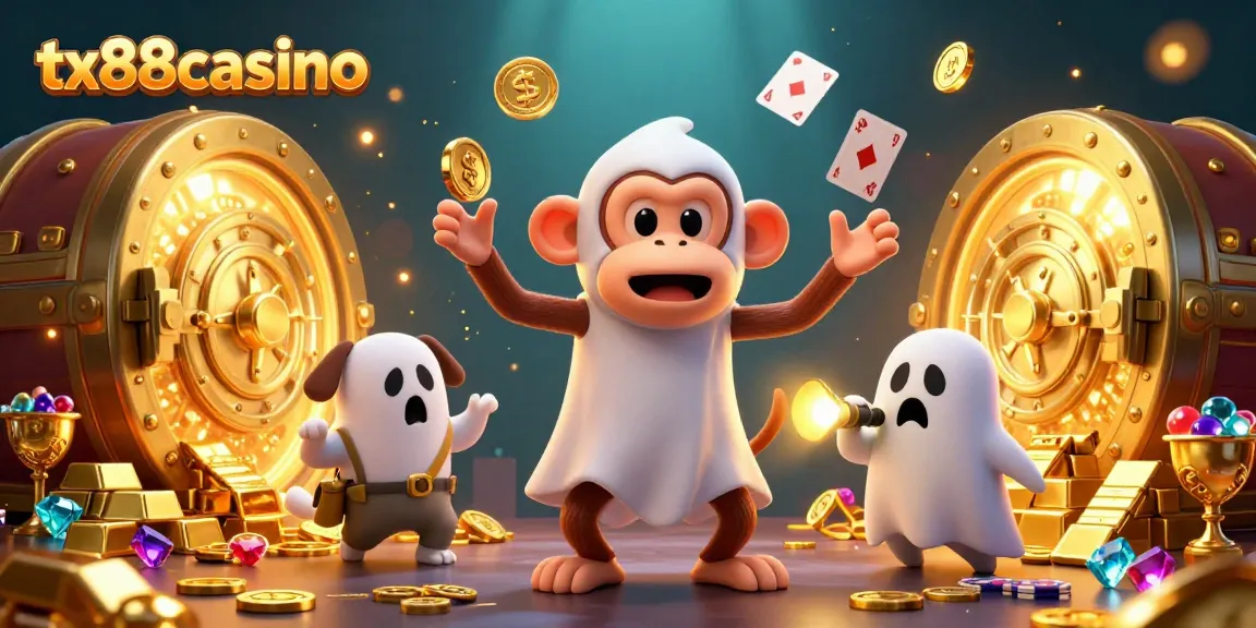 Enjoy the thrill of tx88casino featuring a mischievous monkey and a ghost-hunter puppy in a dynamic casino scene.