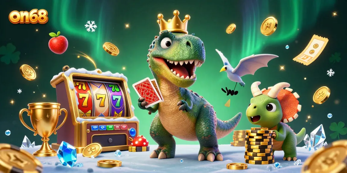 Engage with on68's thrilling casino experience featuring a T-Rex shuffling cards.