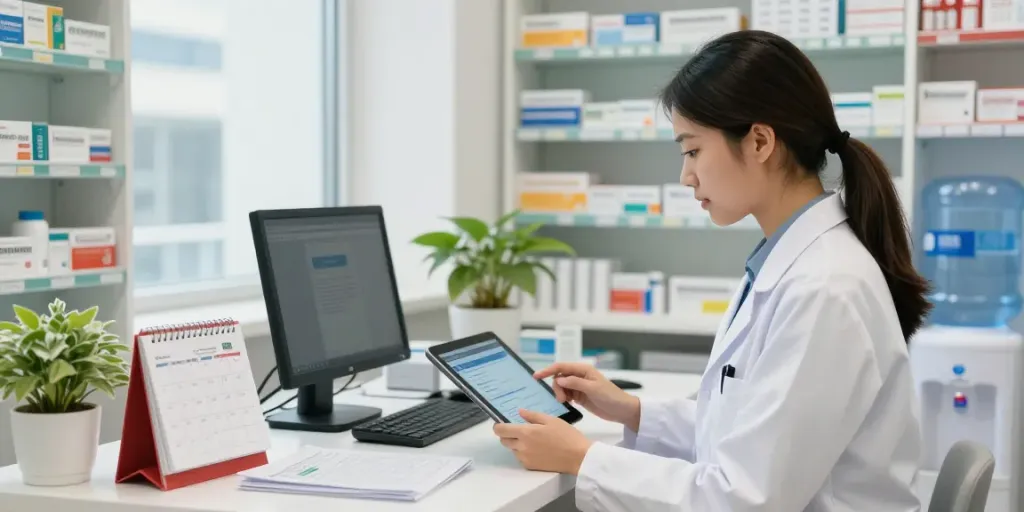 Pharmacist checking controlled medicines in the UAE on a tablet within a modern pharmacy.