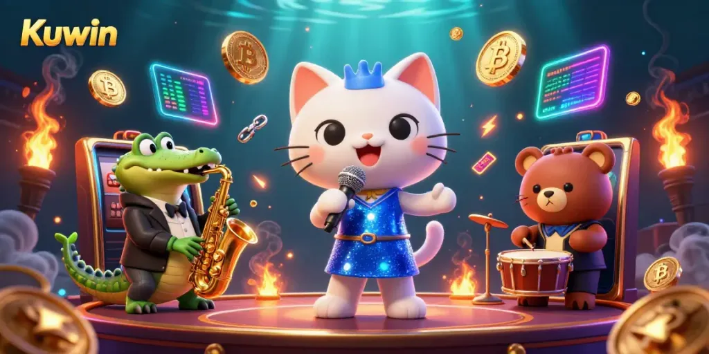 Kuwin's vibrant casino scene features a jazz-singer cat, saxophone-playing crocodile, and drum-playing bear, surrounded by dynamic slot elements and cryptocurrencies.