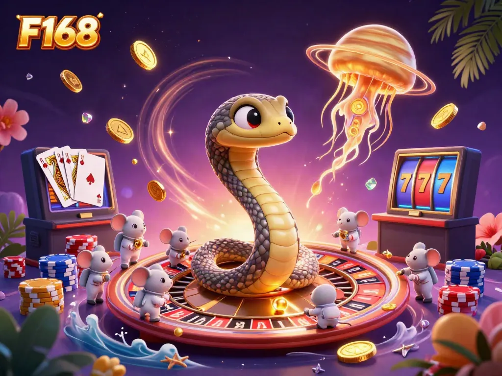 F168 gameplay scene with a cosmic roulette featuring a Saturn snake, casino elements, and astronaut mice betting, capturing excitement.