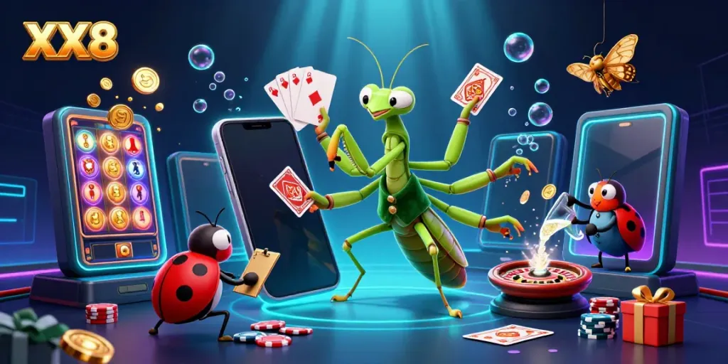Experience excitement with XX8's vibrant casino atmosphere featuring a giant mantis card sharp in action.