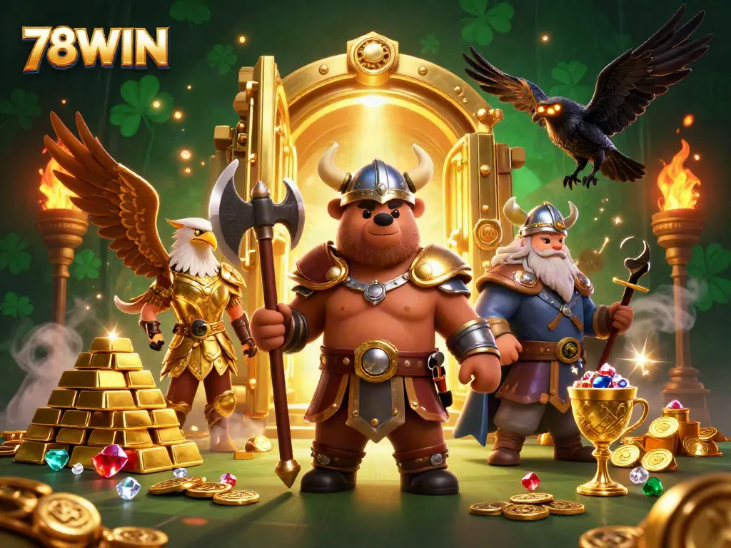 Engage in vibrant gameplay with 78WIN, as a Viking bear and Valkyrie eagle defend golden treasures in a thrilling casino adventure.